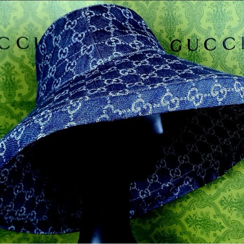 Denim Monogram Wide Large Brim Jacquard Bucket Hat Navy Blue Beach Sun Coverage - Picture 4 of 16